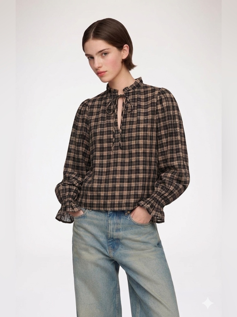 GANNI Seersucker Check Long-Sleeve Blouse Size XS